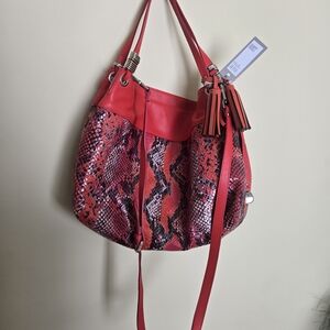 Red Snake-Print Shoulder Bag with Tassel Accents Nicoli Italian Leather Outer
